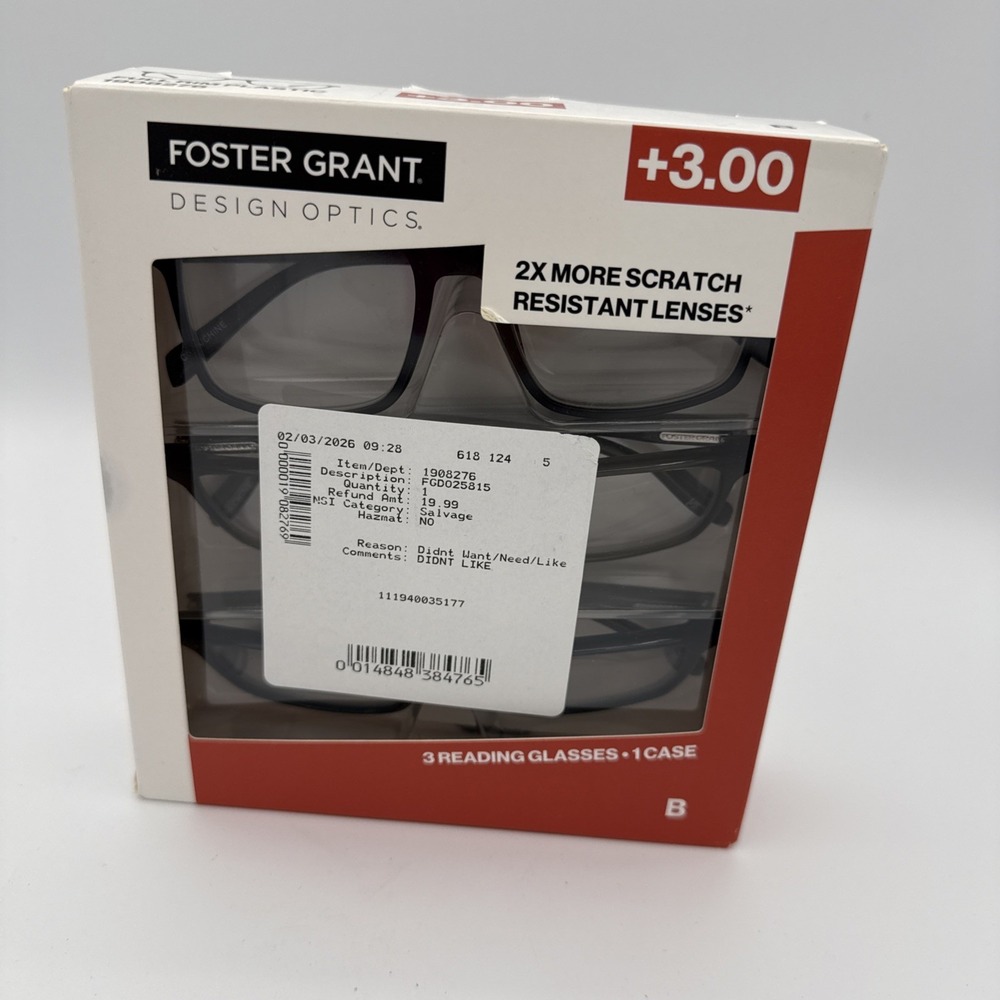 Foster Grant Design Optics 3-Pack Reading Glasses +3.00 with Case Costco E‎